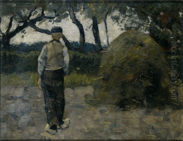 A Farmer standing near a Hay-Stack - view 1