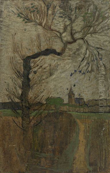 Voetpad met wilg en dorpje aan de horizon (1891) - view 1