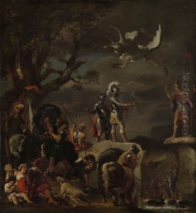 De vredesonderhandelingen tussen Claudius Civilis en Quintus Petillius Cerealis op de afgebroken brug by Ferdinand Bol