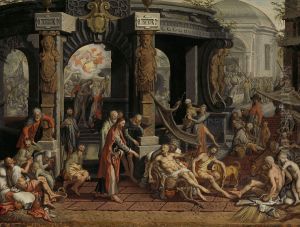 De genezing van de lamme van Bethesda. by Pieter Aertsen