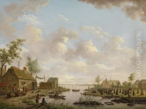 Landschap met vissers en turfstekende boeren in het laagveen
