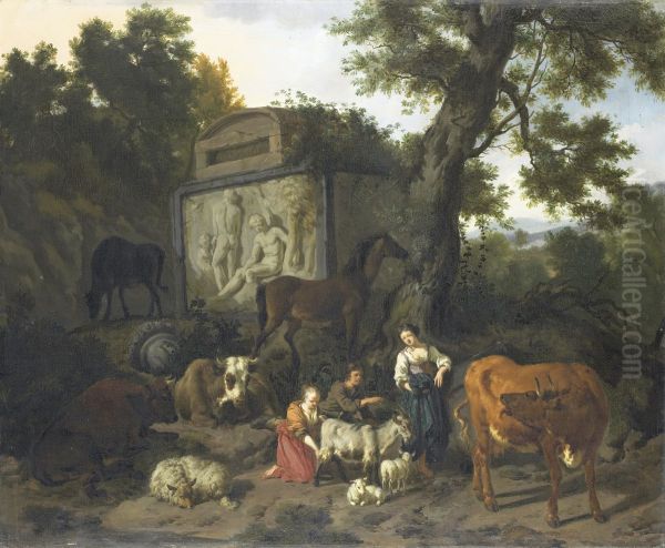Landschap met herders en vee bij een graftombe. - view 1