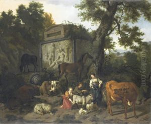 Landschap met herders en vee bij een graftombe. Landschap met herders en vee bij een graftombe.