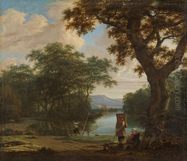 Landschap met visser met kruisnet - view 1