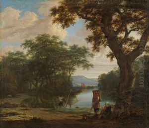 Landschap met visser met kruisnet by Joris van der Haagen or Hagen
