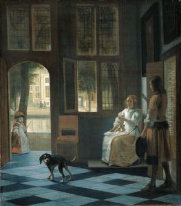 Un homme remettant une lettre a une femme dans l'entree d'une maison by Pieter De Hooch