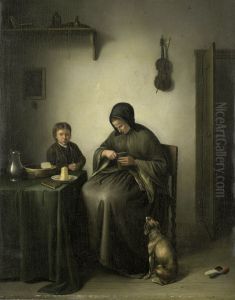 Een vrouw die brood snijdt by Johannes Christiaan Janson