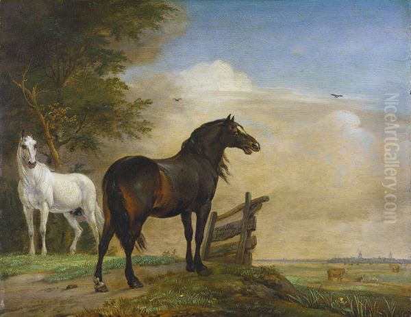 Two Horses near a Gate in the Meadow - view 1