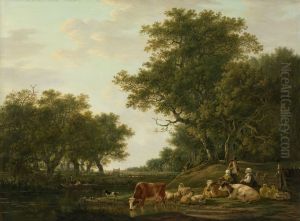 Landscape with peasants and their cattle and anglers on the water