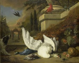 Een hond bij een dode gans en een pauw