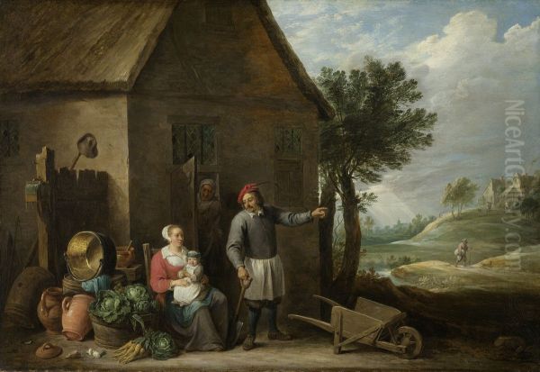 A peasant with his wife and child in front of the farmhouse - view 1