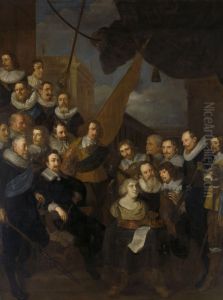 Officieren en andere schutters van wijk XIX in Amsterdam onder leiding van kapitein Cornelis Bicker en luitenant Frederick van Banchem, gereed voor de ontvangst van Maria de' Medici, koningin-weduwe v by Joachim von, I Sandrart