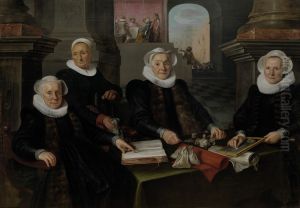 Drie regentessen en de binnenmoeder van het leprozenhuis te Amsterdam by Werner van den Valckert