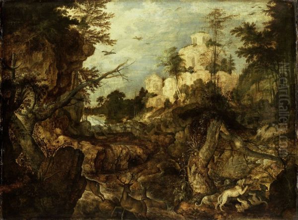 Wild boar hunt in a rocky landscape - view 1