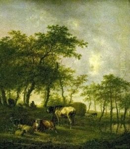 Landschap met koeien in een weide bij een waterplas by Jan Kobell II