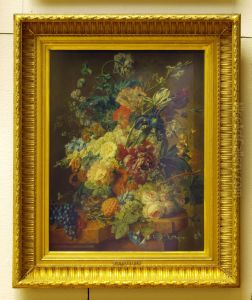 Stilleven met bloemen en vruchten in een gebeedlhouwde vaas, op een stenen plint by Wybrand Hendricks
