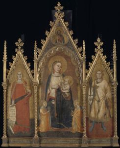 Drieluik met Maria en kind en de heiligen Maria Magdalena en Ansanus