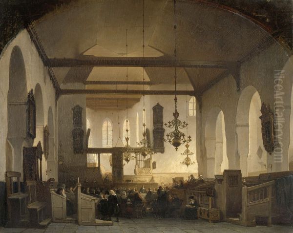 Interior of the Geertekerk in Utrecht with the Celebration of the Holy Supper - view 1