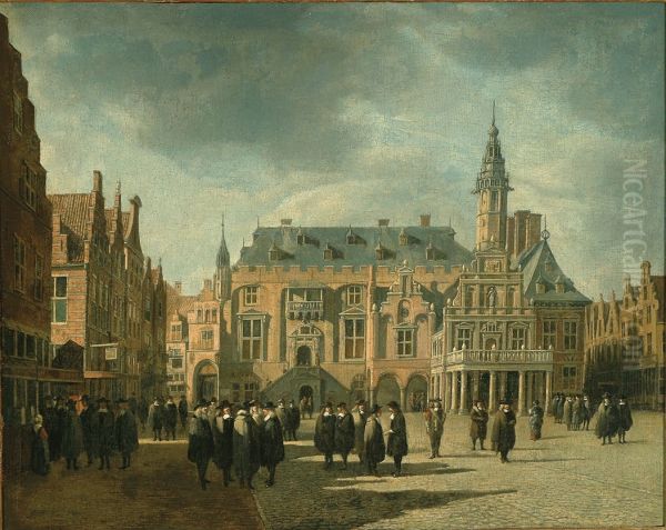Haarlem City hall with figures on the Grote markt - view 1