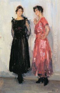 Two models, Epi and Gertie, in the Amsterdam Fashion House Hirsch by Isaac Lazarus Israels