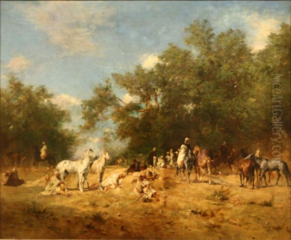 Halte de cavaliers arabes dans la foret - view 1
