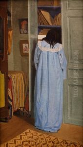 Interior, woman in blue searching in a cupboard by Felix Vallotton