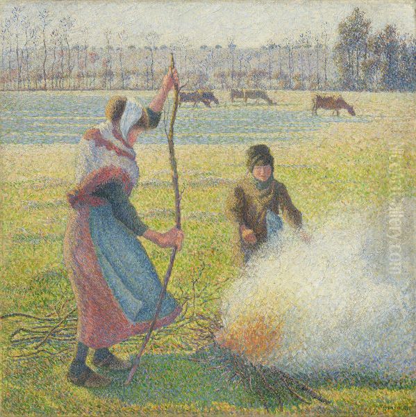 Raureif, eine junge Bauerin macht Feuer - view 1