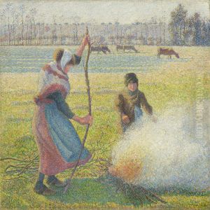 Raureif, eine junge Bauerin macht Feuer