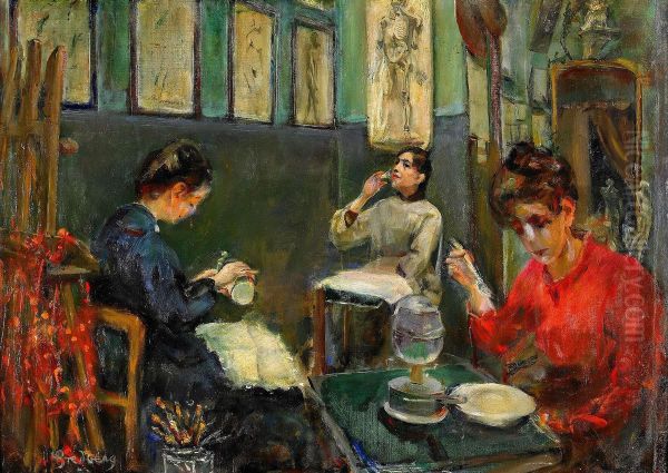 Academie Julian Med Mademoiselle Beson Som Dricker Ur Sitt Glas - view 1