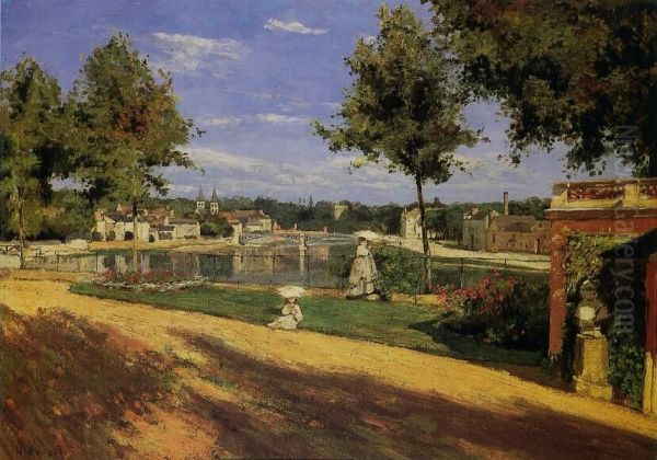 La terrasse au bord de la Seine a Melun. Au fond La Maison centrale de Melun sur l'ile Saint-Etienne. On apercoit quelques usines de Vaux-le-Penil sur la rive droite de la Seine et au fond on peut entrevoir le chateau de Vaux-le-Penil entre les arbres. - view 1