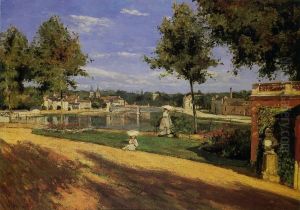La terrasse au bord de la Seine a Melun. Au fond La Maison centrale de Melun sur l'ile Saint-Etienne. On apercoit quelques usines de Vaux-le-Penil sur la rive droite de la Seine et au fond on peut entrevoir le chateau de Vaux-le-Penil entre les arbres. by Henri Rouart