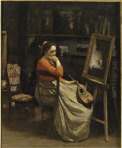 L'atelier de Corot. Jeune femme pensive, une mandoline a la main. by Jean-Baptiste Camille Corot