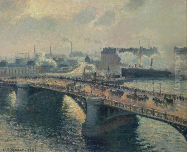 Le Pont Boieldieu a Rouen, soleil couchant, temps brumeux - view 1