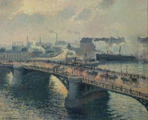 Le Pont Boieldieu a Rouen, soleil couchant, temps brumeux by Camille Pissarro