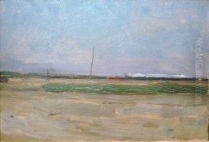 Open landscape, train along the horizon by Piet Mondrian