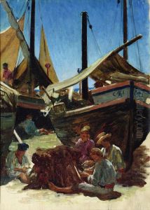 Porto d'Anzio, fishermen spreading their nets on the beach