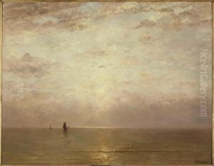 Boats at sea with setting sun by Hendrik Willem Mesdag