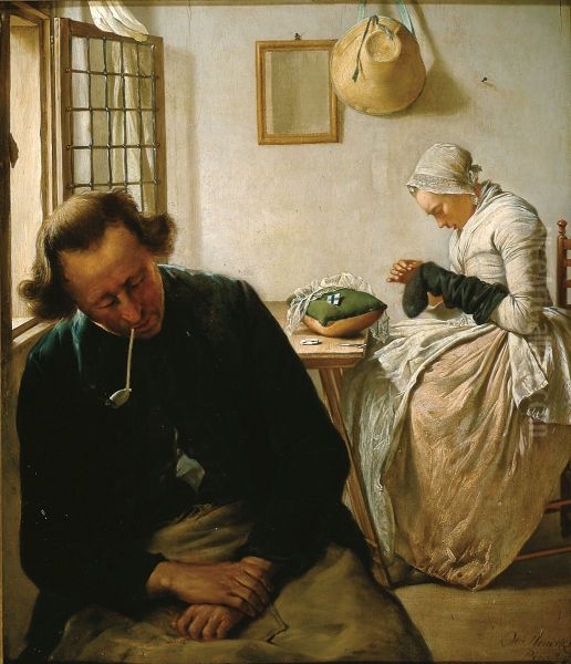 Interior with a Sleeping Man and a Woman Darning Socks - view 1