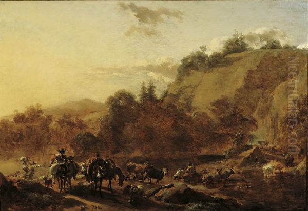 Berglandschap met herders en vee bij een doorwaadbare plaats - view 1