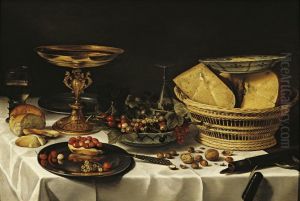 Stilleven met aardbeien, druiven, komijnenkaas en gouden tazza by Pieter Claesz