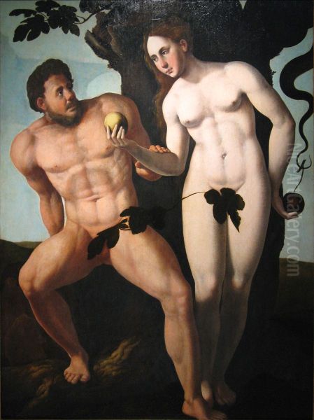 Eva offers the fruit to Adam (Genesis 3:6) - view 1