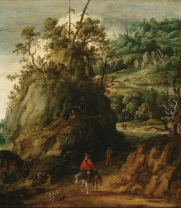 Mountainous landscape with traveller. by Esaias Van De Velde