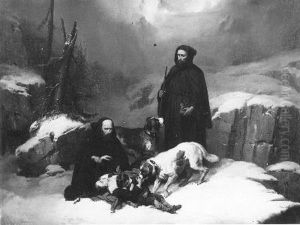 Sint-Bernards monniken bieden hulp aan een vrouw en kind die in de sneeuw zijn bevangen door de kou by Joseph Beaume