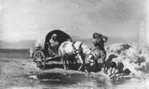 Hongaarse boeren verfrissen zich aan een waterplas by August von Pettenkofen