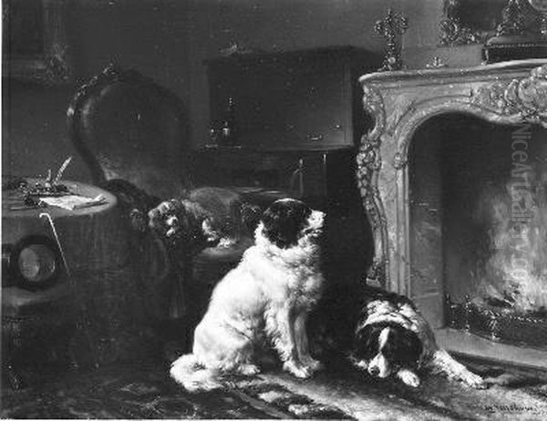 Rustende honden voor een haard - view 1
