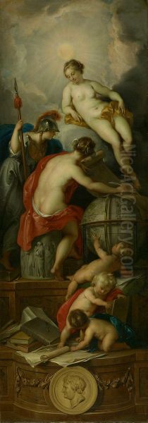Allegorie op het schrijven van de Geschiedenis-Allegorie op de handel, de wetenschap, de kunst en de geschiedenis-Truth and Wisdom assist History in writing - view 1