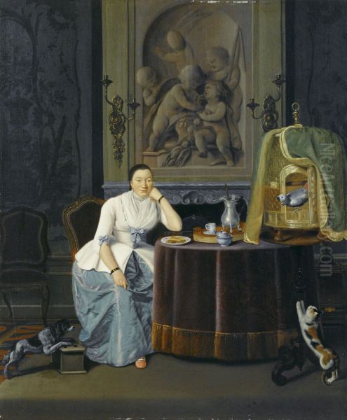 Interieur met een dame zittend aan een tafel - view 1