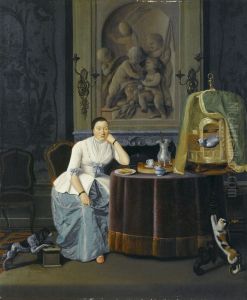 Interieur met een dame zittend aan een tafel Interieur met een dame zittend aan een tafel