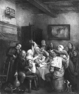 Een vrolijk gezelschap aan tafel