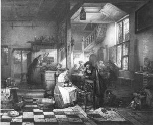 Een Vlaamse herberg, op de voorgrond wisselt een meisje geld voor een heer by Jan August Hendrik Leys